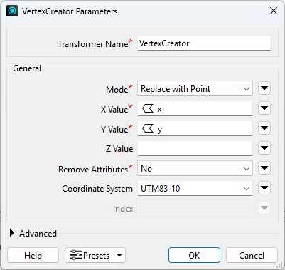 VertexCreator transformer dialog filled out